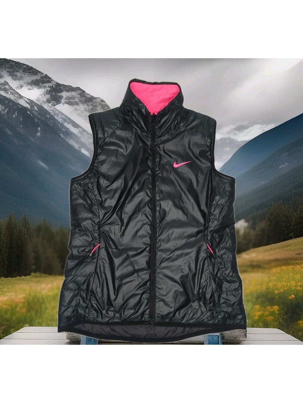 Nike Golf Vest Wmn Medium Pink Black Reversible Puffer Quilted Insulated Jacket